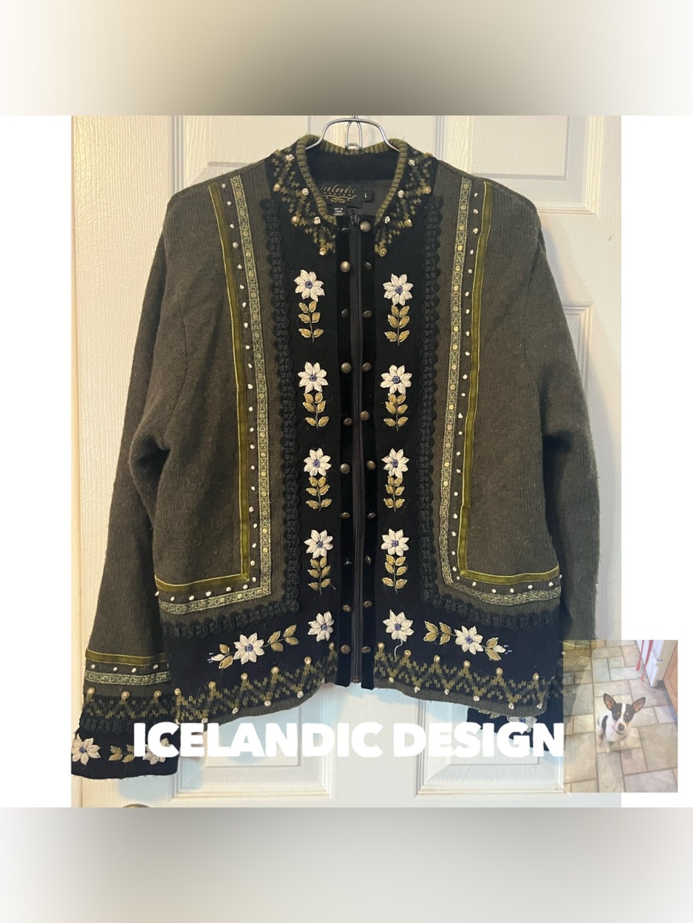 Icelandic Design Wool Green and Black Cardigan Swester, Sz L